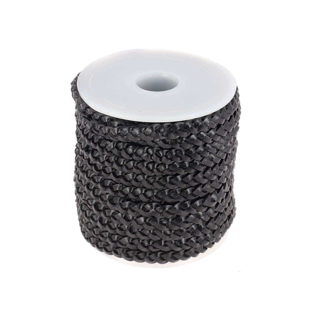 Lacet en cuir pigmenté noir de 5 mm de largeur, tressé plat par Deco Cuir, visible en gros plan sur fond blanc.