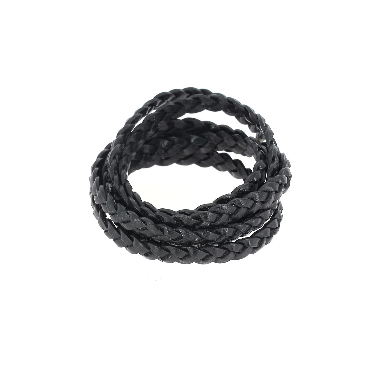 Lacet en cuir noir pigmenté, plat et tressé de 5mm de large, de la marque Deco Cuir, visible en gros plan.