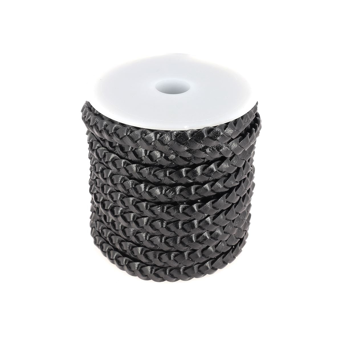 Lacet en cuir pigmenté noir, plat tressé de 8 mm de largeur, fabriqué par Deco Cuir, visible en gros plan.