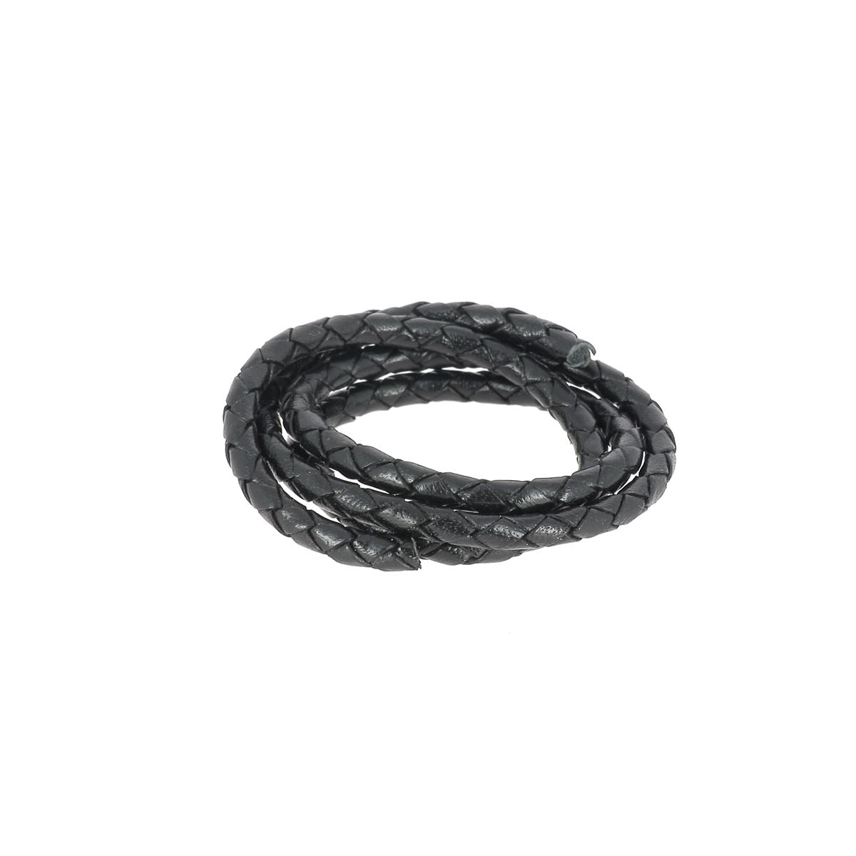 Lacet en cuir pigmenté noir, rond tressé, diamètre 5 mm, fabriqué par Deco Cuir, pour chaussures élégantes et durables.