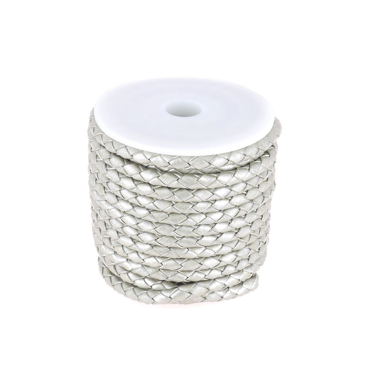 Lacets en cuir pigmenté rond tressé de 5 mm de diamètre de la marque Deco Cuir, en couleur argent.