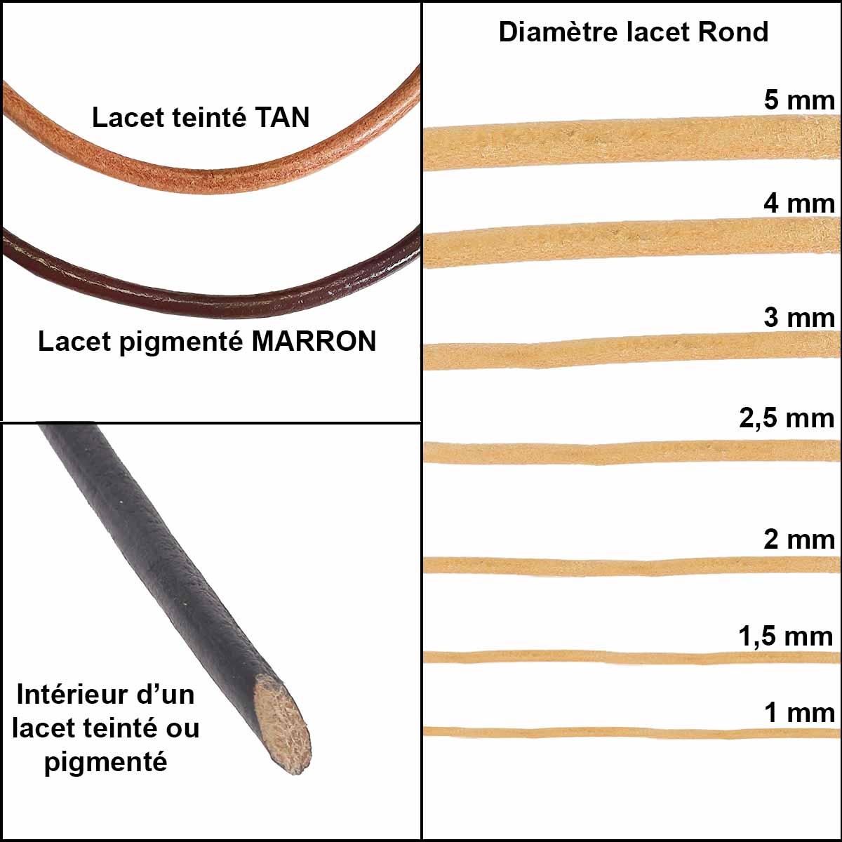 Lacet rond en cuir blanc de 2mm de la marque Deco Cuir, longueur 1 mètre, pour chaussures ou accessoires.