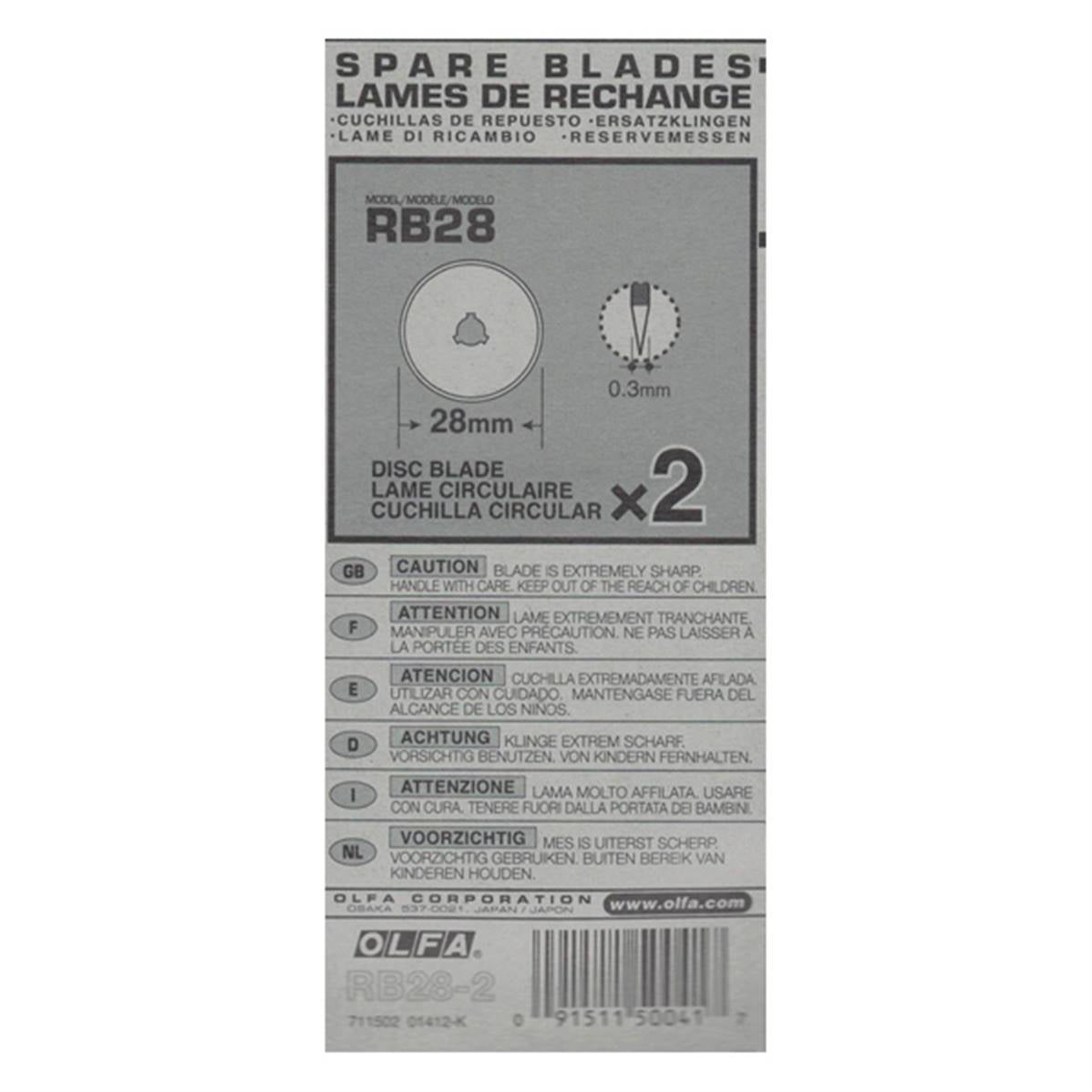 Deux lames de rechange pour cutter rotatif Olfa RB28-2, diamètre 28 mm, en acier, avec lame tranchante et robuste.