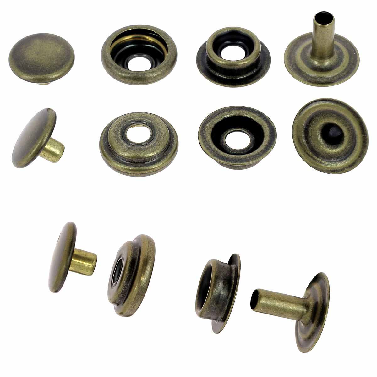 Lot de boutons pression FORT en laiton vieilli de 12mm, accessoires pour cuir, fabriqué par Deco Cuir.