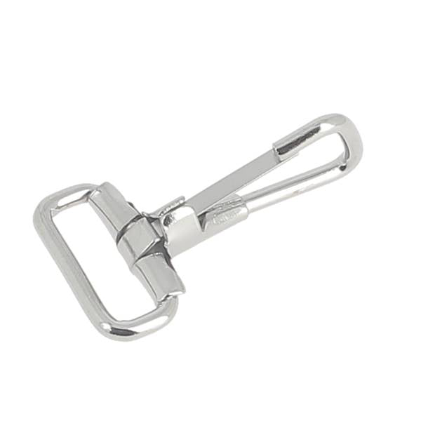 Mousqueton à bélière fixe en fil rond en acier nickelé, bouclerie robuste pour attache sécurisée.