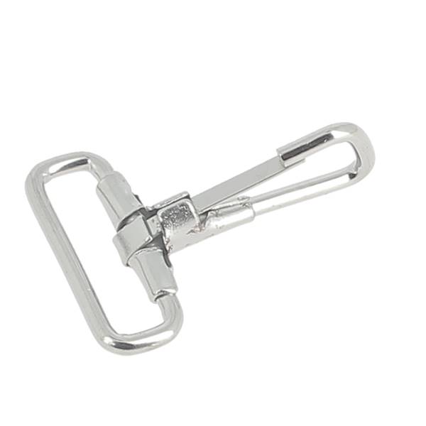 Mousqueton à bélière fixe en fil rond en acier nickelé, bouclerie robuste pour fixation et attache.