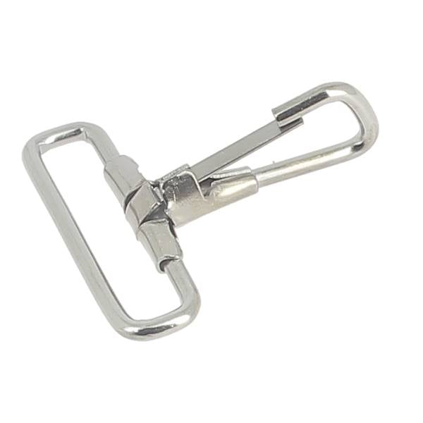 Mousqueton à bélière fixe en fil rond en acier nickelé, pour attaches ou cordons, de 40 mm de diamètre.