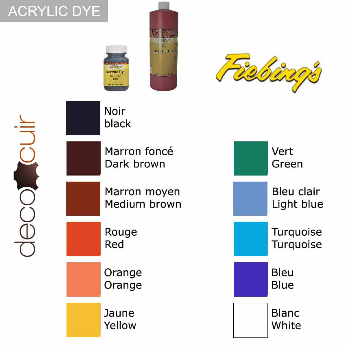 Nuancier de peinture opaque Fiebing's Acrylic Dye en noir, 59ml, teinture et peinture pour cuir et matériaux.