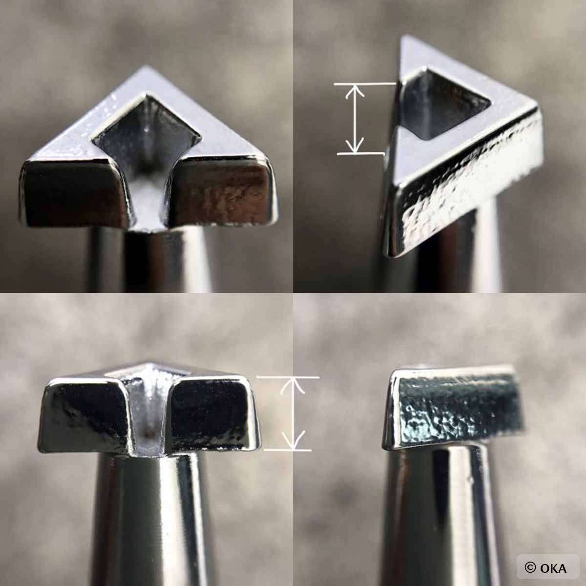 Matoir sur manche Oka, outil pour travaux de menuiserie, triangle ouvert, modèle O150, en bois avec poignée ergonomique.