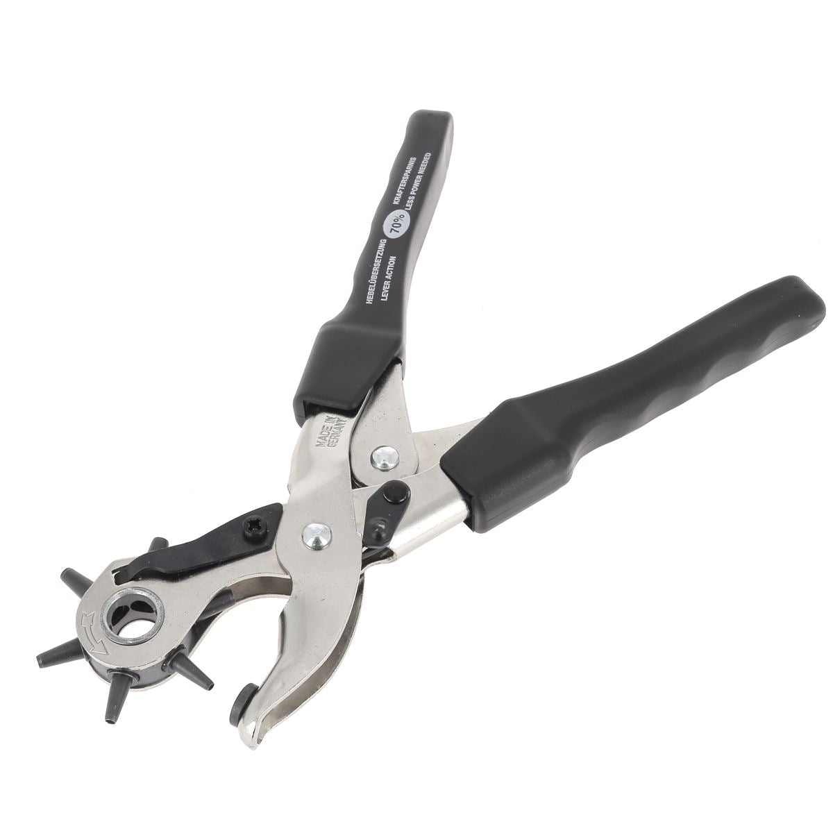 Pince emporte-pièce revolver à 6 trous, outil de démultiplication, en métal noir, fabriqué en Allemagne.