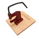 Presse d'établi Deco Cuir avec socle en bois et 3 jeux de pose, outil robuste pour travaux de bricolage et menuiserie.