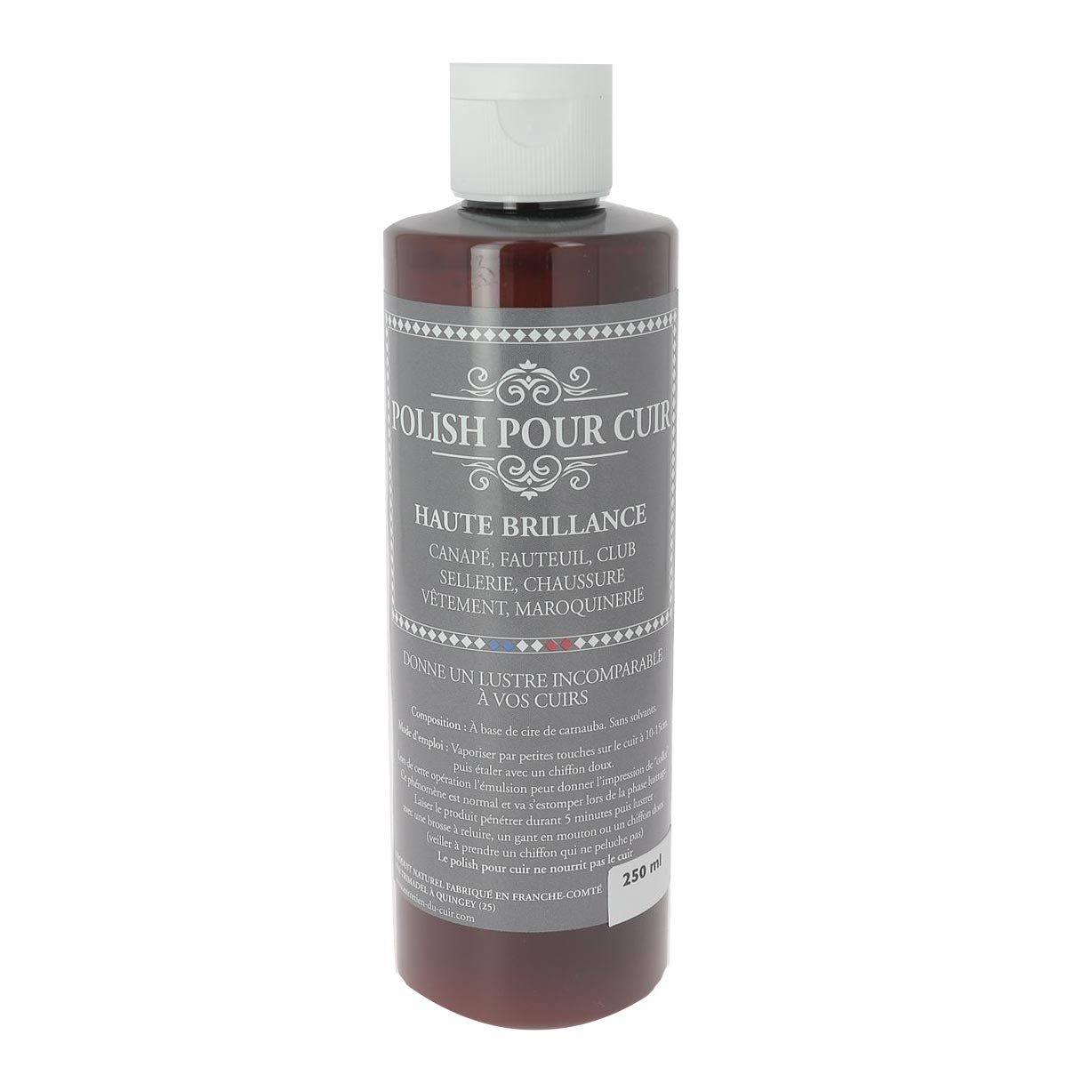 Cire polissante pour cuir Trimadel, conditionne et fait briller les surfaces en cuir avec flacon de 250 ml.