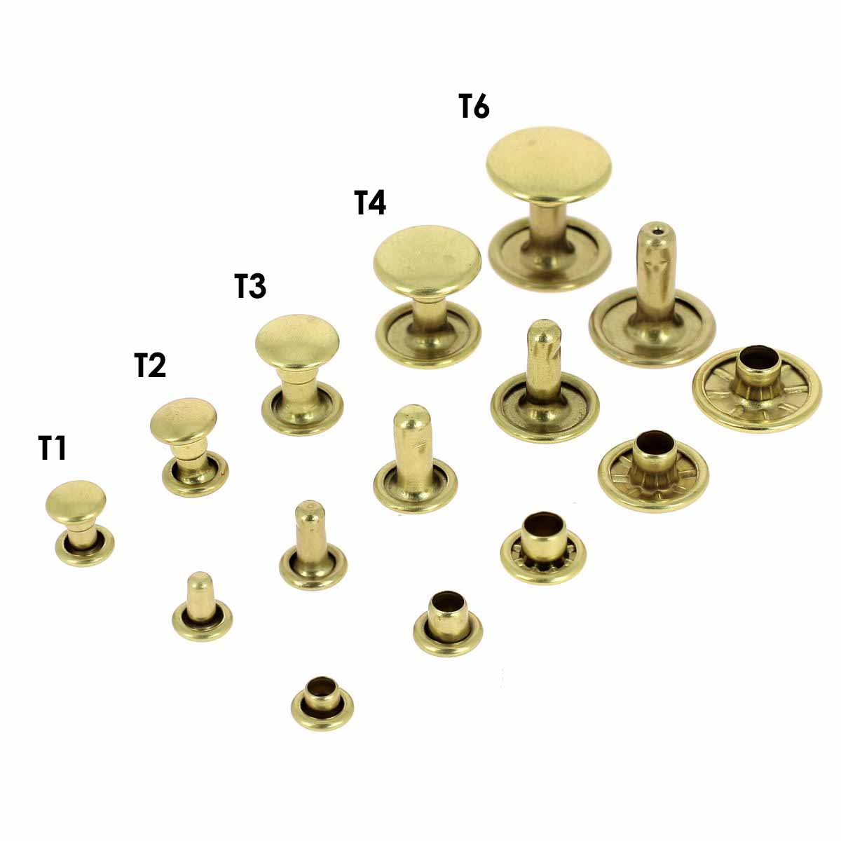 Rivets double calotte en laiton, accessoires Deco Cuir, petits, pour fixation et décoration en cuir ou tissu.