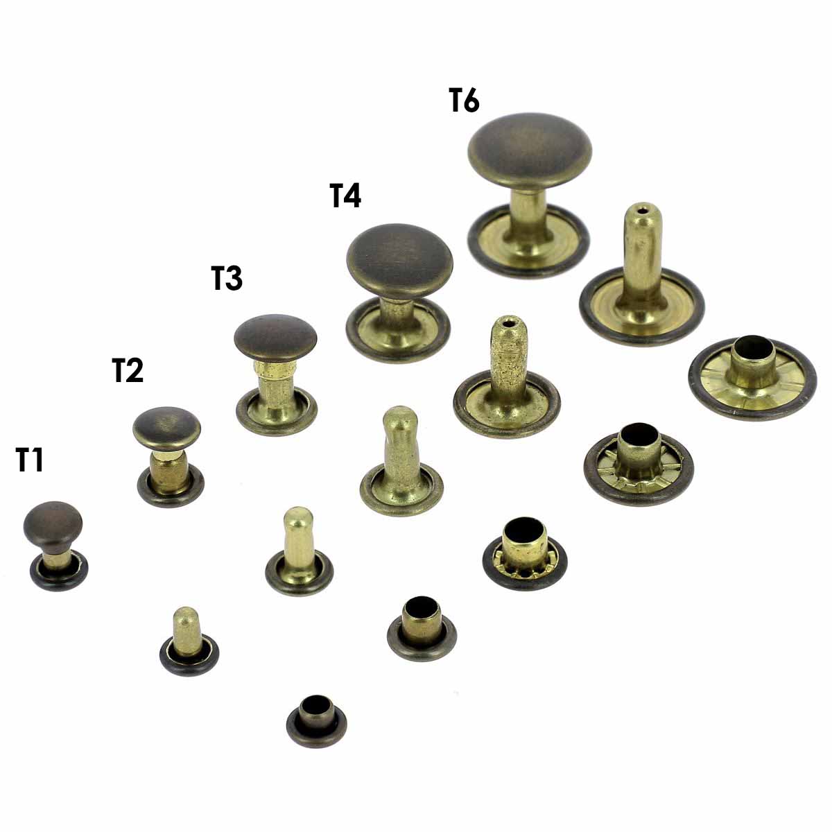 Lot de rivets doubles calotte en laiton vieillie, accessoires Deco Cuir, pour fixations solides et esthétiques.