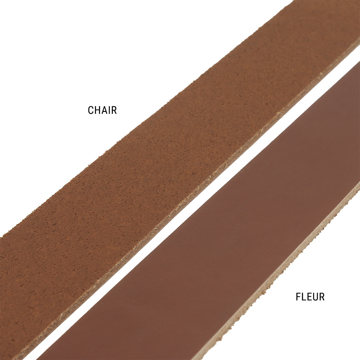 Lanière en cuir de collet tannage végétal de 3,4 mm de couleur cognac, fabriquée par Deco Cuir, vue en gros plan.