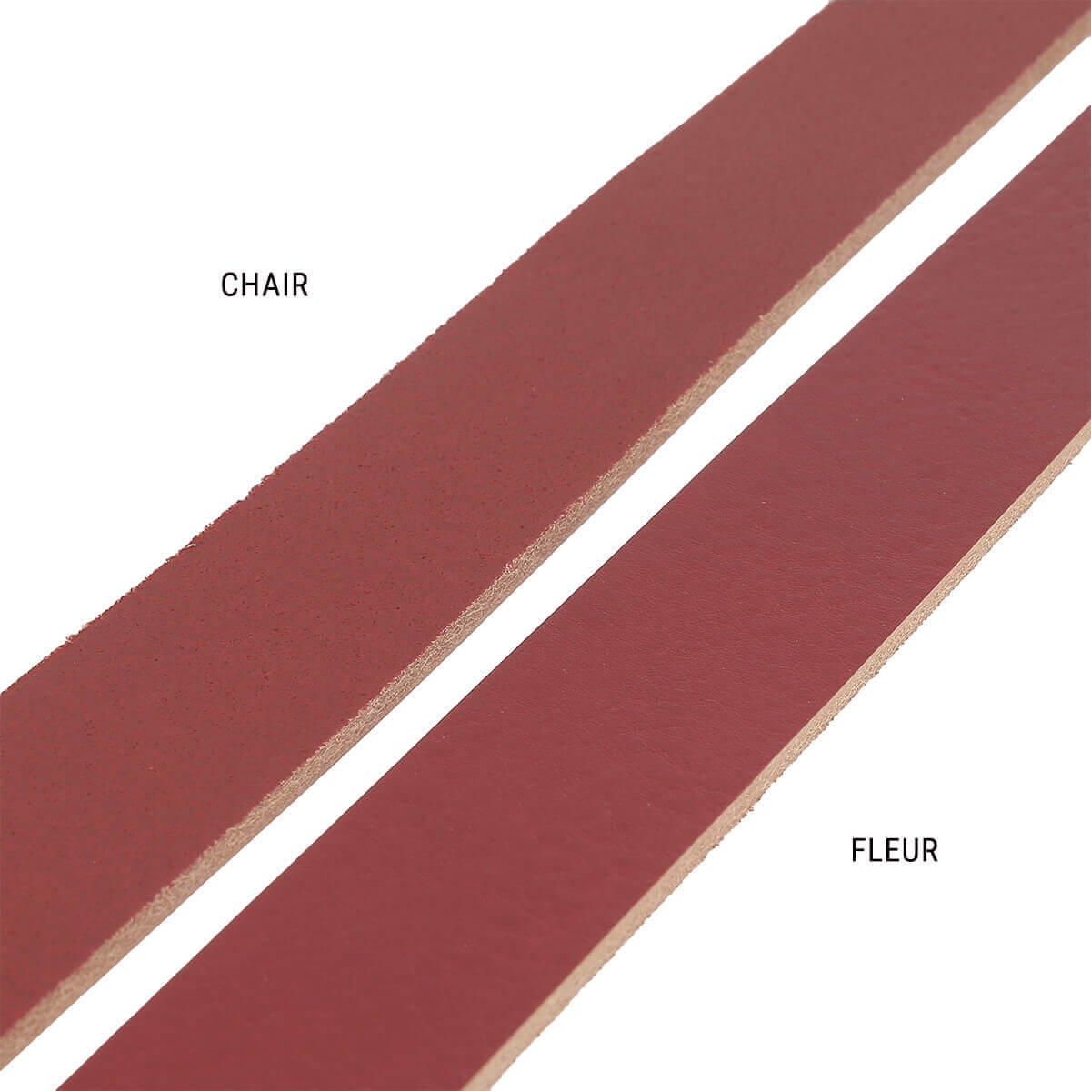 Lanière en cuir de collet rouge carmin, tannage végétal, nourri et foulonné, épaisseur 3,4 mm, par Deco Cuir.