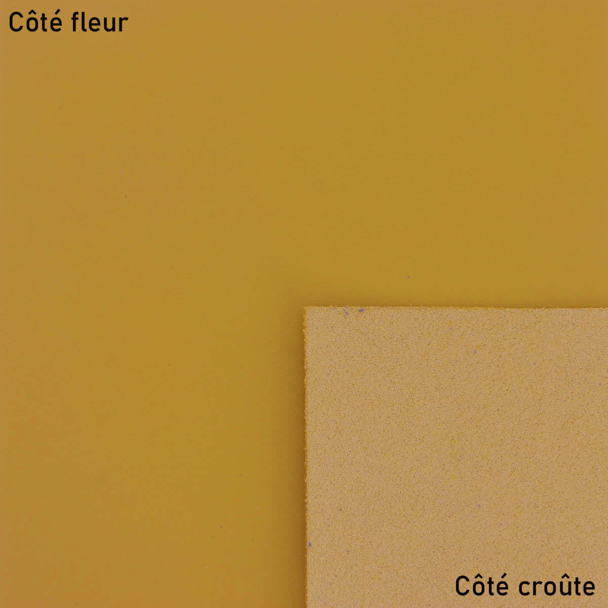 Morceau de cuir en veau satinly jaune moutarde, texture douce et brillante, pour couture ou décoration.
