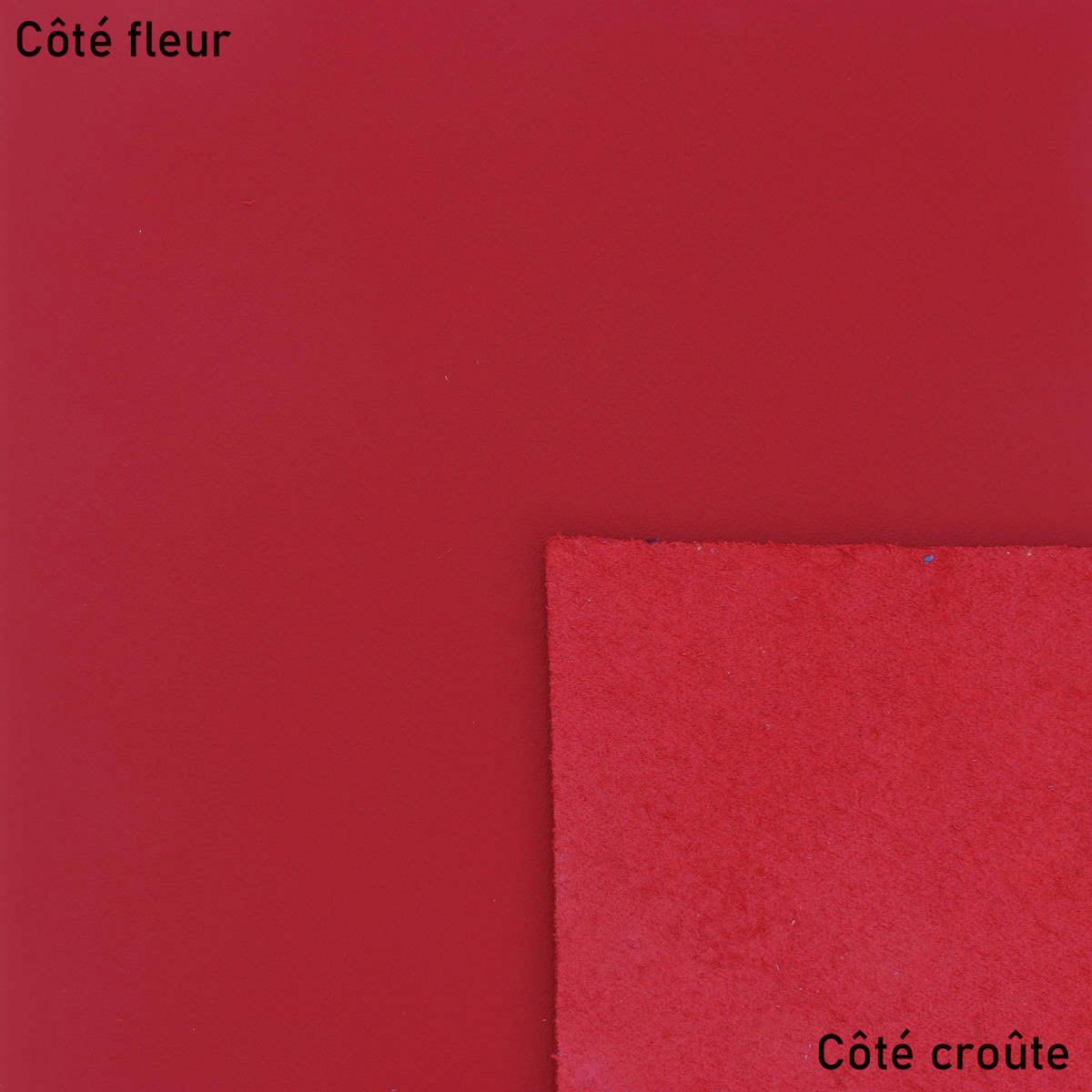 Peau de cuir de veau SATINLYS rouge, texture satinée, pour création de maroquinerie ou couture, vue en gros plan.