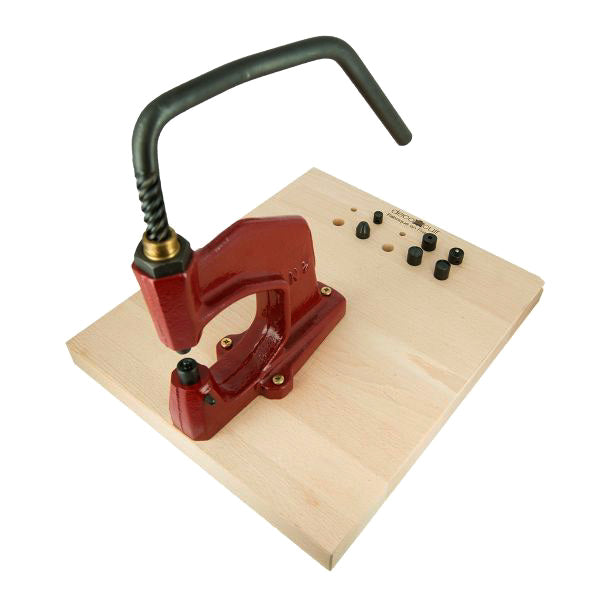 Support en bois pour presse d'établi Deco Cuir avec trous de rangement pour jeux de pose, outil pratique pour atelier.