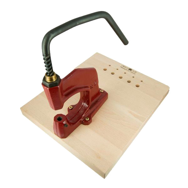 Support en bois pour presse d'établi Deco Cuir avec trous de rangement pour jeux de pose, outil robuste pour atelier.