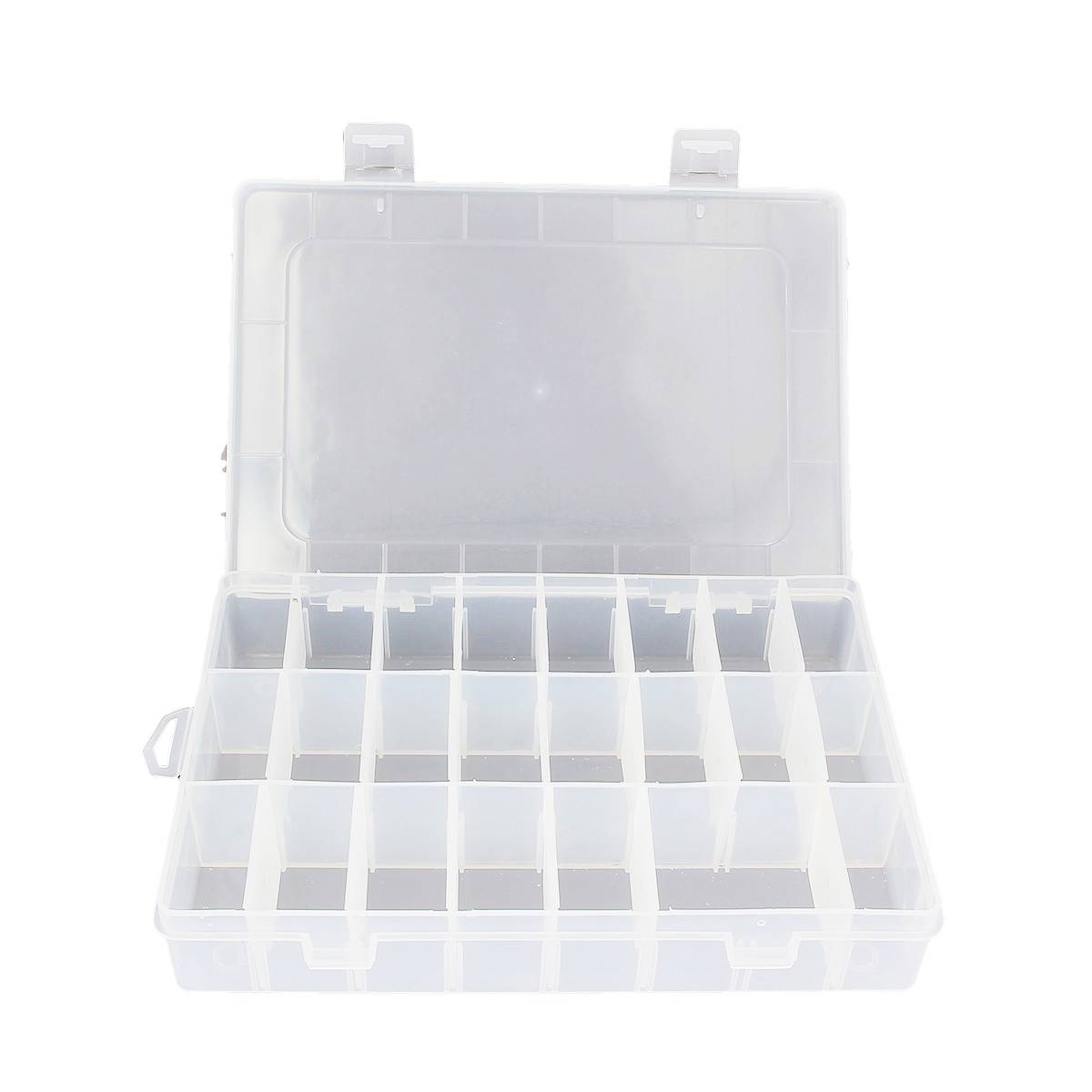 Boîte de rangement en plastique avec séparateurs amovibles, outil pratique pour organiser divers petits objets.