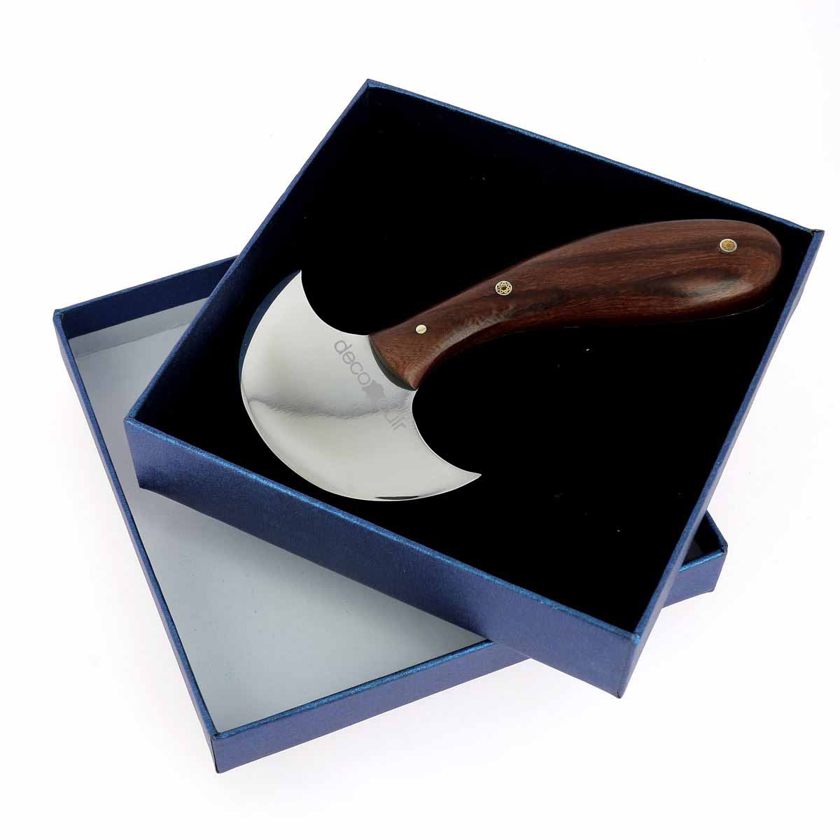 Couteau à pied demi-lune profilé 80 mm de Deco Cuir, outil pour travaux de maroquinerie avec lame incurvée.