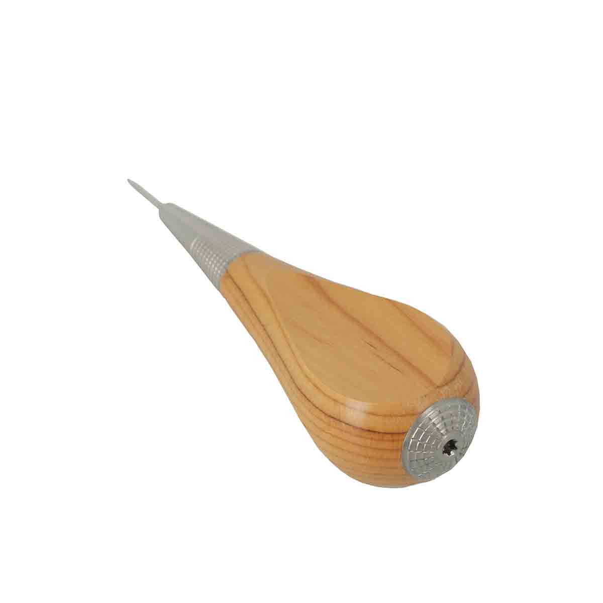 Alêne aux pinces petite maroquinerie Jérôme David, outil en acier de 1,5 mm avec manche en bois pour travaux précis.