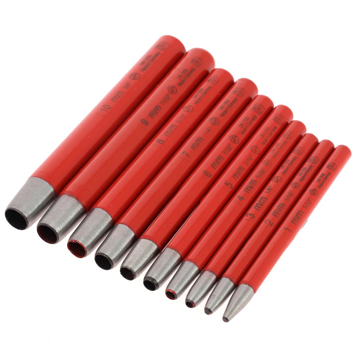 Lot de 10 emporte-pièces à frapper ronds avec manche droit, diamètres de 1 à 10 mm, outils pour travaux manuels.