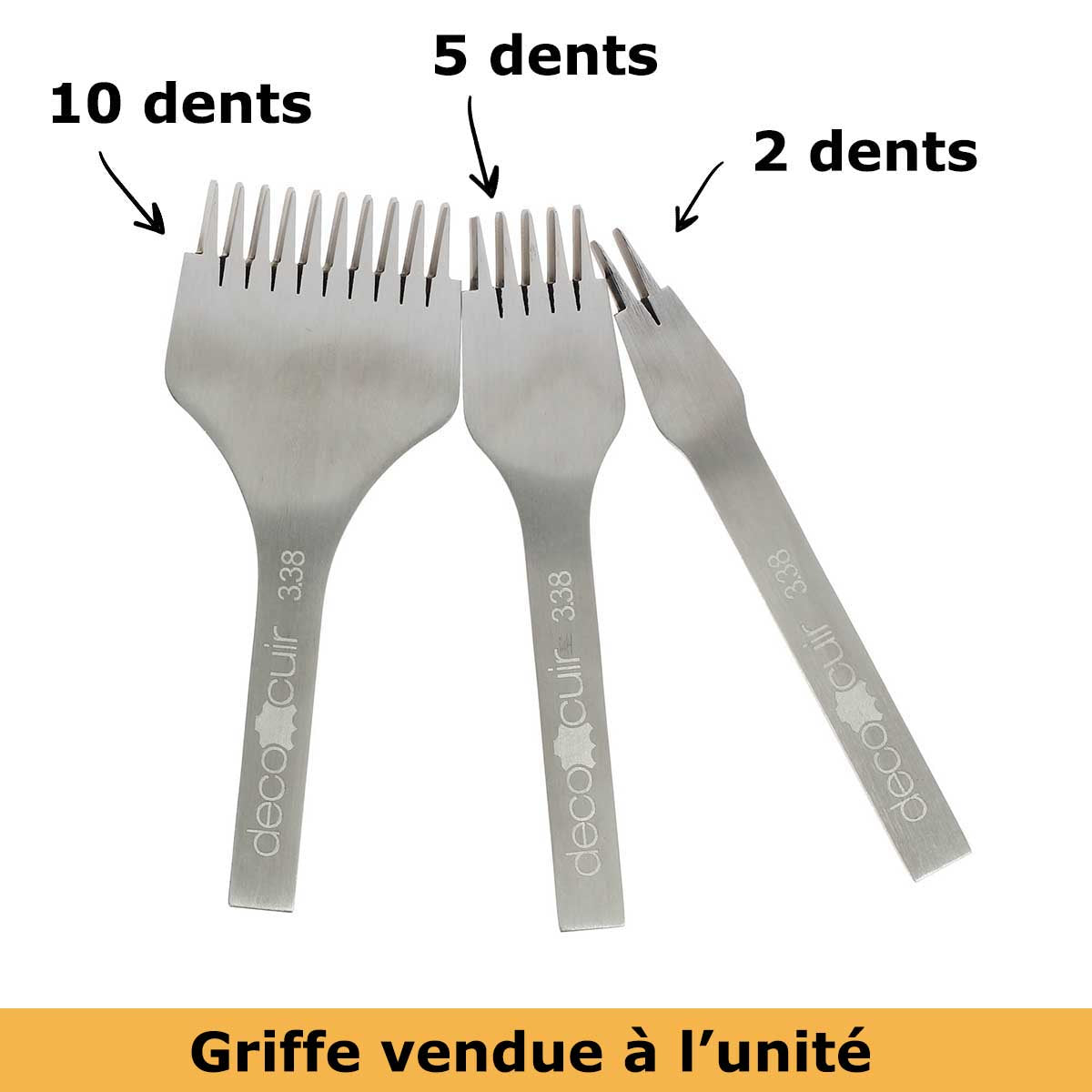 Outil griffes à frapper de précision Deco Cuir, en métal avec poignée pour maroquinerie et travaux de couture.