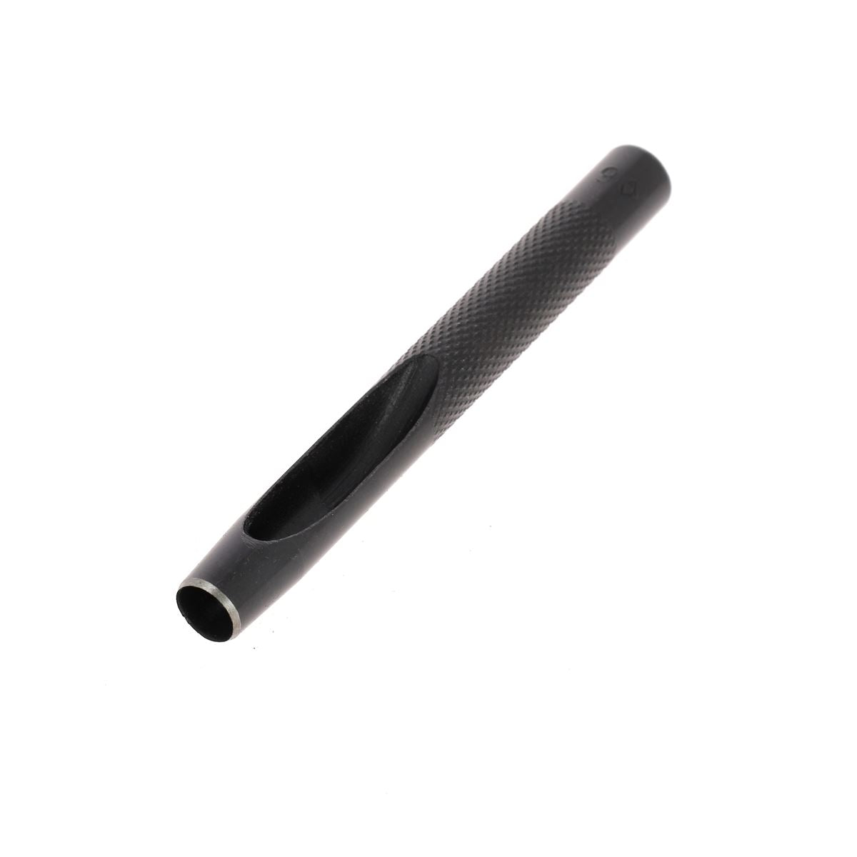 Emporte-pièce à frapper rond avec manche droit, outil en métal pour découper ou façonner, image montrant l'outil en position.