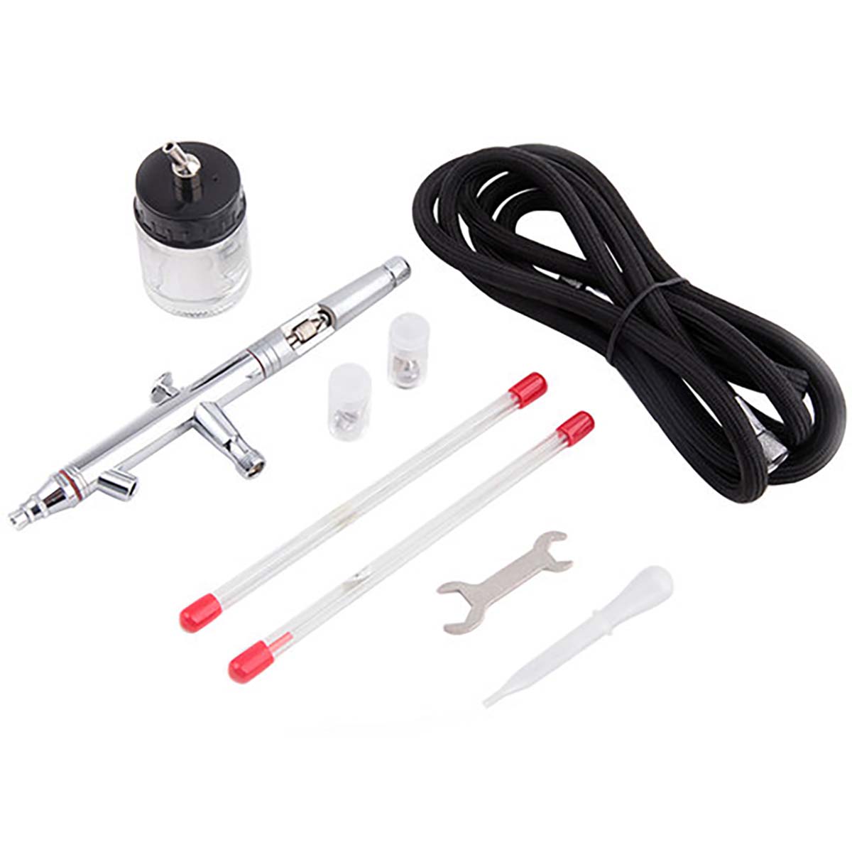 Kit aérographe Fengda FE-182K double action avec 3 aiguilles pour peinture et teintures, image montrant l’outil et ses aiguilles.