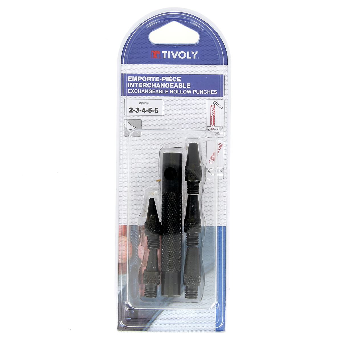 Ensemble de 5 emporte-pièces à frapper ROND Tivoly, diamètres de 2 à 6 mm, outils interchangeables pour travaux précis.
