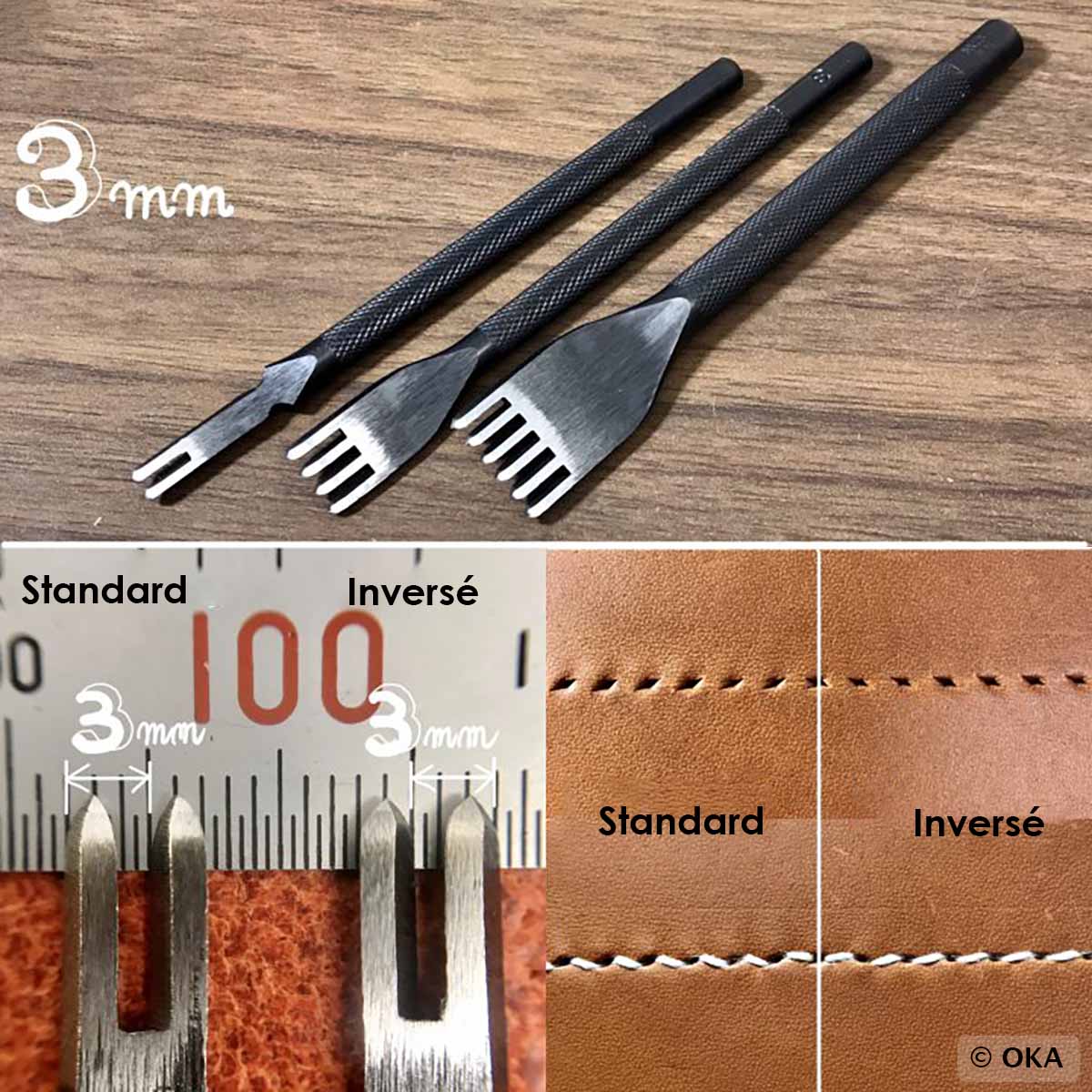 Griffe à frapper Oka avec pointe diamant, entraxe 3 mm, outil inversé pour travaux précis de frappe.