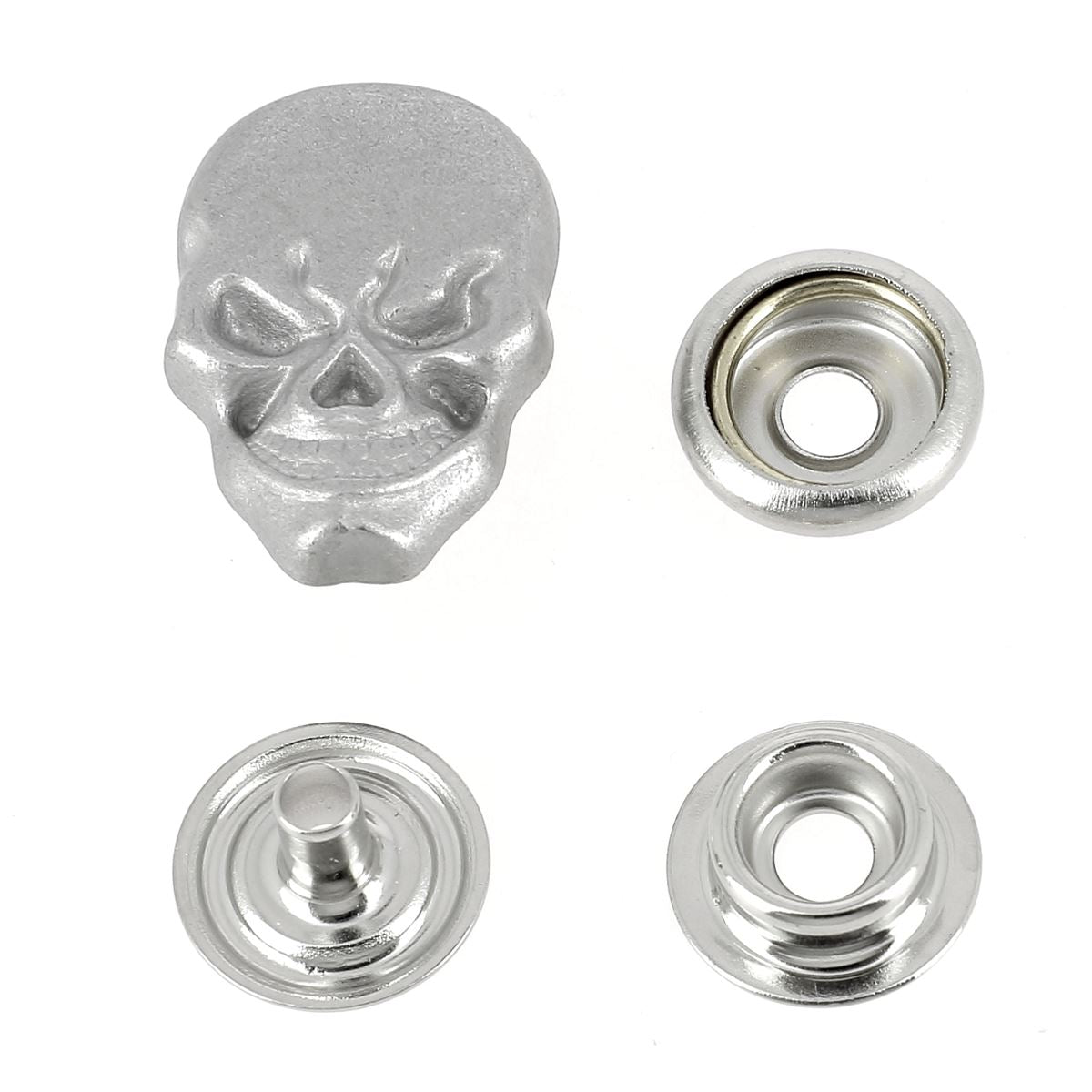 Bouton pression tête de mort en vieux nickel pour accessoires, diamètre 15mm, sur cuir, modèle LINE 24.