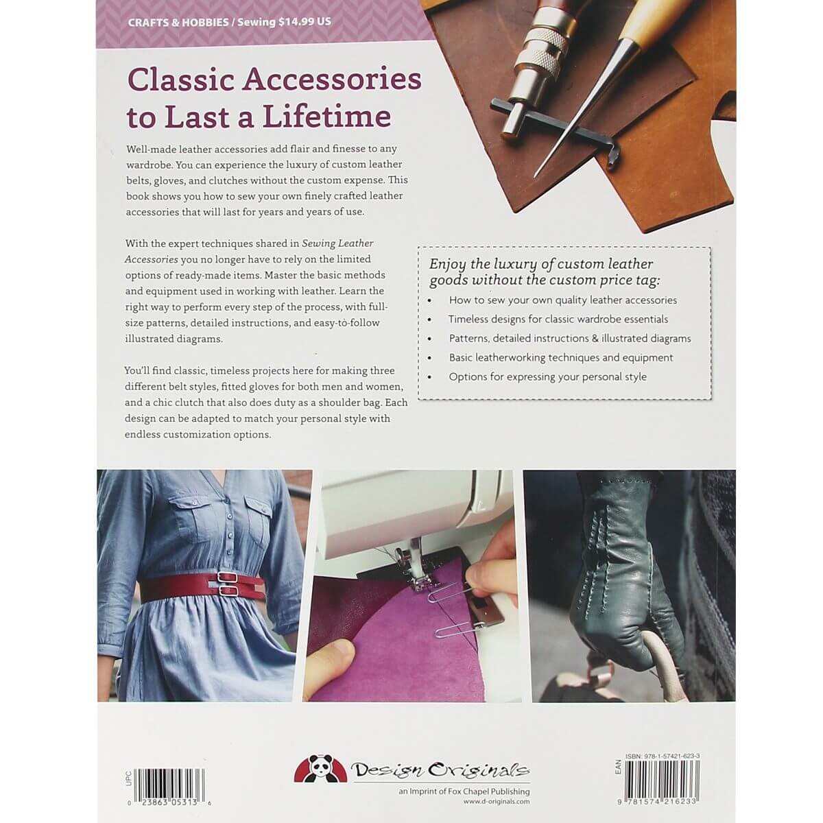 Livre Tandy Leather "SEWING LEATHER ACCESSORIES" montrant des accessoires en cuir à coudre pour la création de projets.
