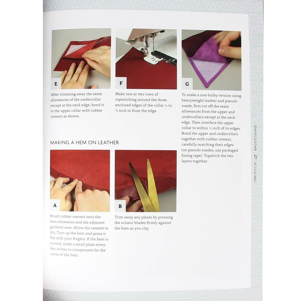 Livre Tandy Leather "Sewing Leather Accessories" montrant des accessoires en cuir à coudre et illustré avec des images de projets.