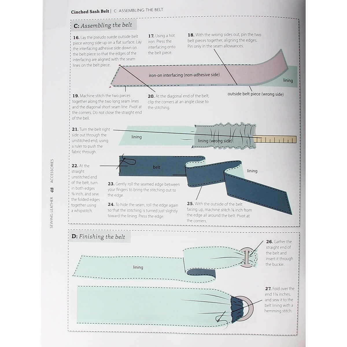 Livre Tandy Leather "SEWING LEATHER ACCESSORIES" montrant des accessoires en cuir à coudre et outils pour la maroquinerie.