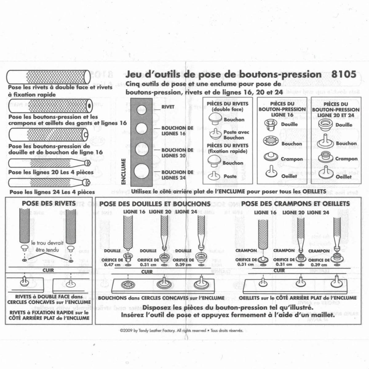 Outils de pose pour boutons pressions et rivets Tandy Leather 8105-00, ensemble d'outils pour travaux de maroquinerie.