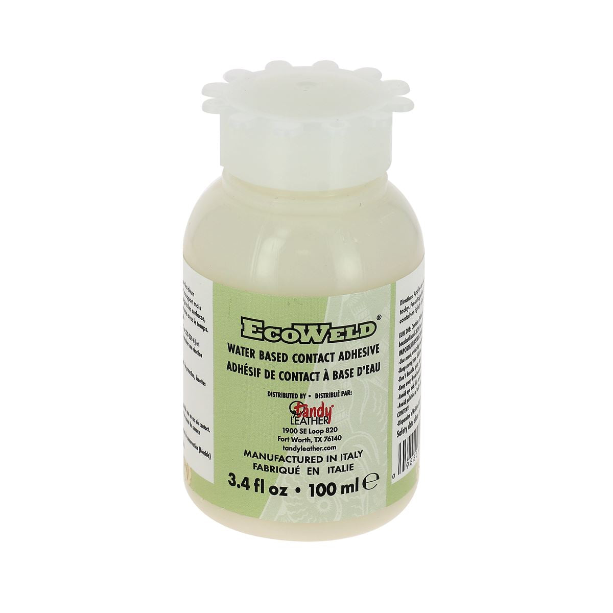 Colle contact à base d'eau EcoWeld de Tandy Leather pour cuir, flacon de 100 ml, application sur surface en cuir.