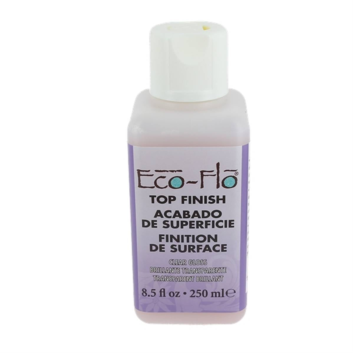 Finition pour cuir neutre brillant Eco Flo de Tandy Leather, contenant 250 ml, appliquée sur une pièce de cuir brun.