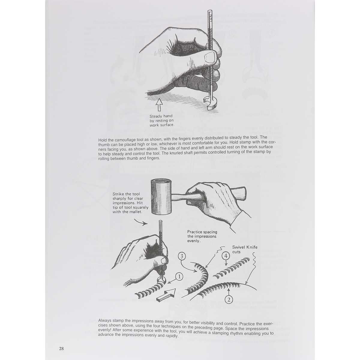 Livre Tandy Leather sur la sculpture et le repoussage du cuir végétal, avec illustrations et patrons pour la maroquinerie.