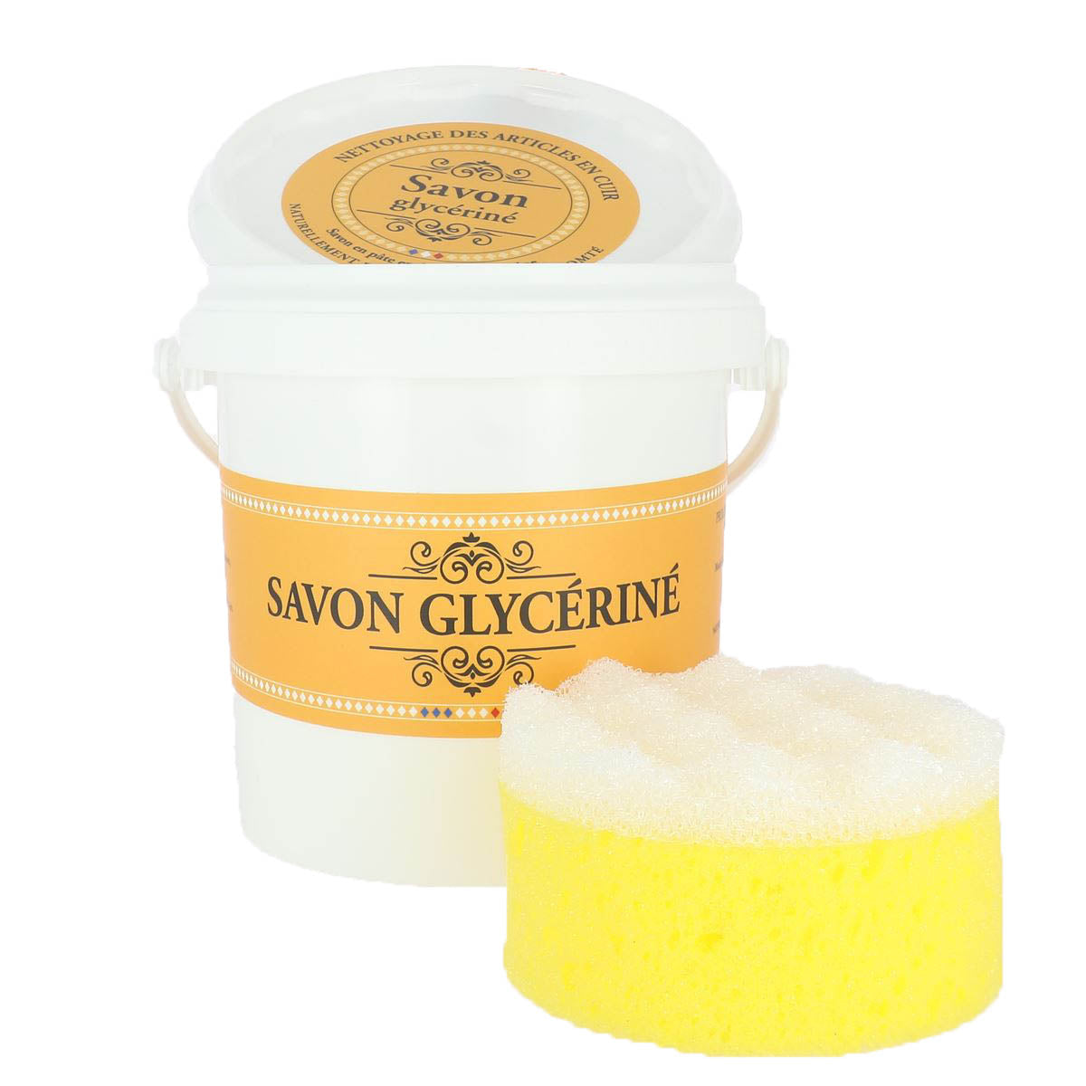 Savon en pâte enrichi à la glycérine pour nettoyer le cuir, seau de 500g avec éponge, entretien du cuir par Trimadel.