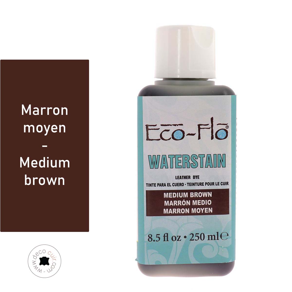 Teinture Eco-Flo Waterstain marron moyen pour bois, application de teinture liquide pour finition naturelle et durable.