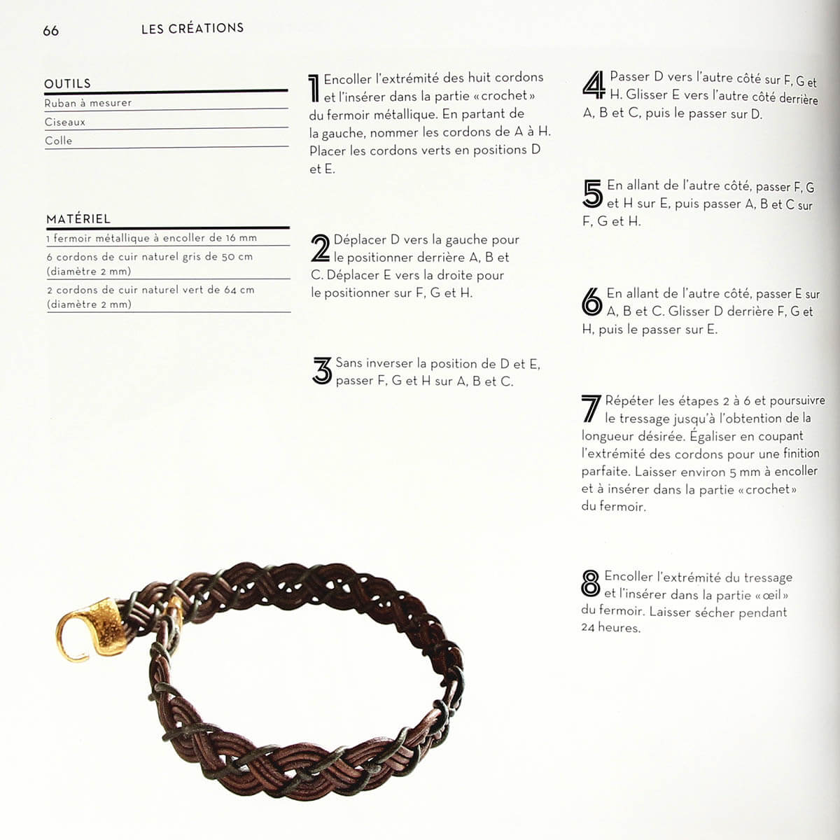 Livre de tressage du cuir pour créer bijoux et accessoires, illustré avec des exemples de techniques de tressage.