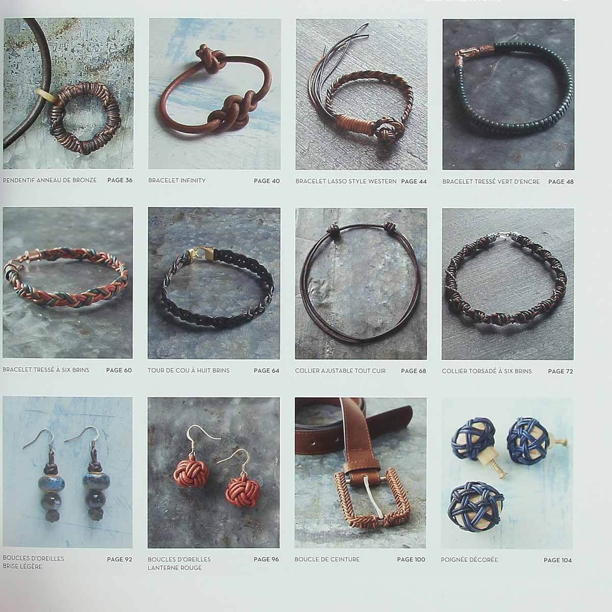 Livre de tressage du cuir pour créer bijoux et accessoires, mettant en avant des techniques de tressage et de fabrication.