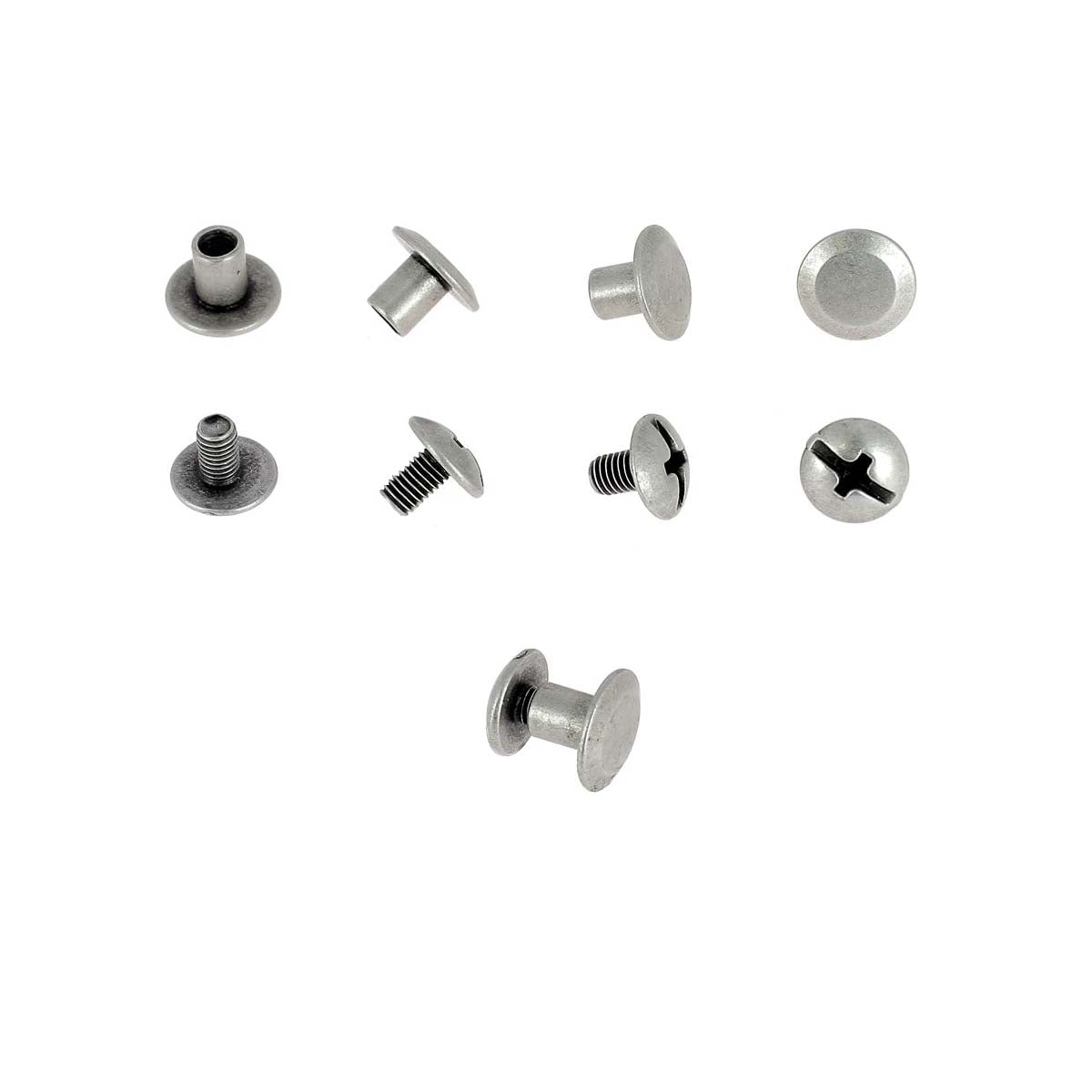 Vis Chicago Deco Cuir, lot de vis en argent vieilli, diamètre 9mm, entraxe 5mm, accessoires pour cuir et bricolage.