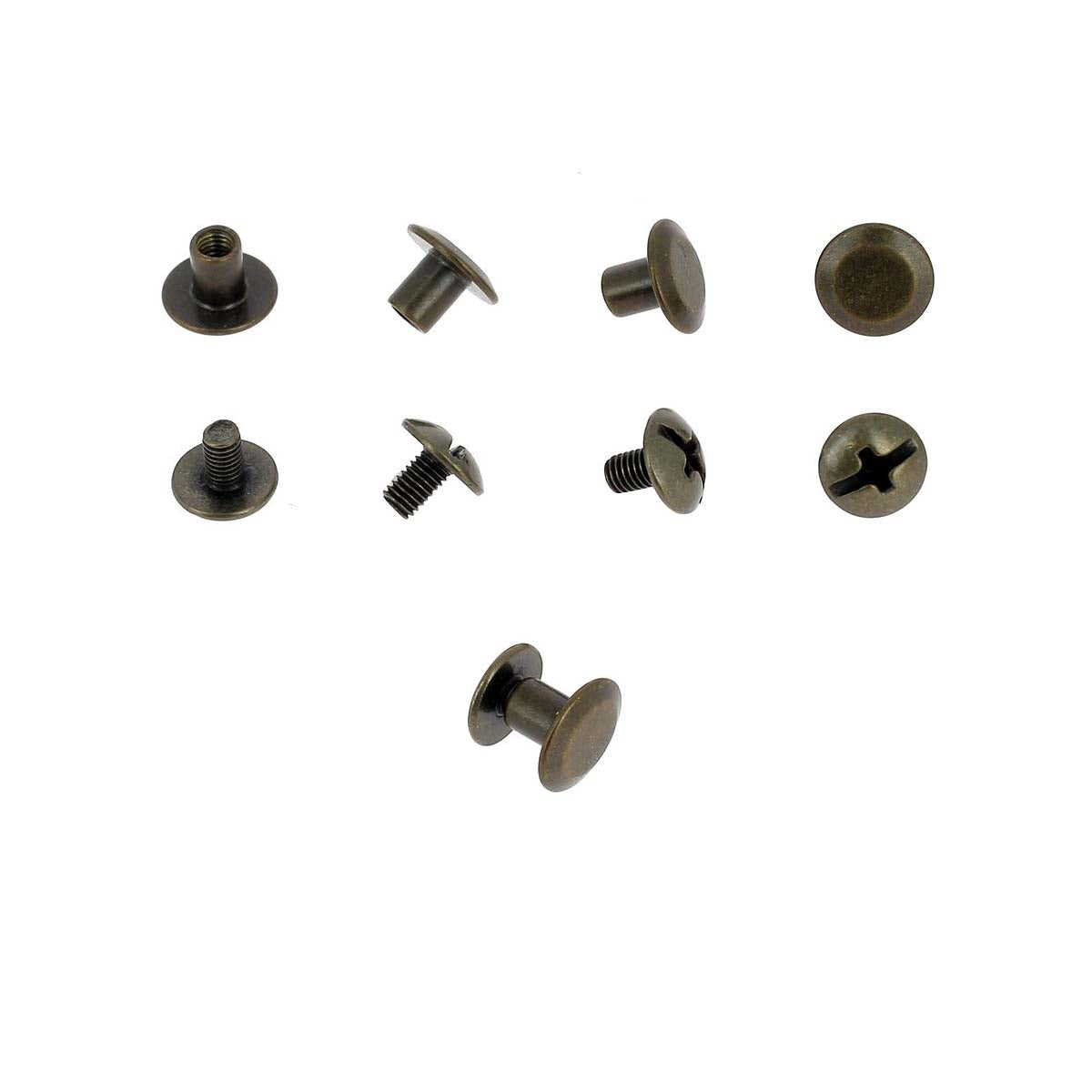 Vis Chicago en laiton vieilli, diamètre 9 mm, entraxe 5 mm, accessoires Deco Cuir pour projets de maroquinerie.