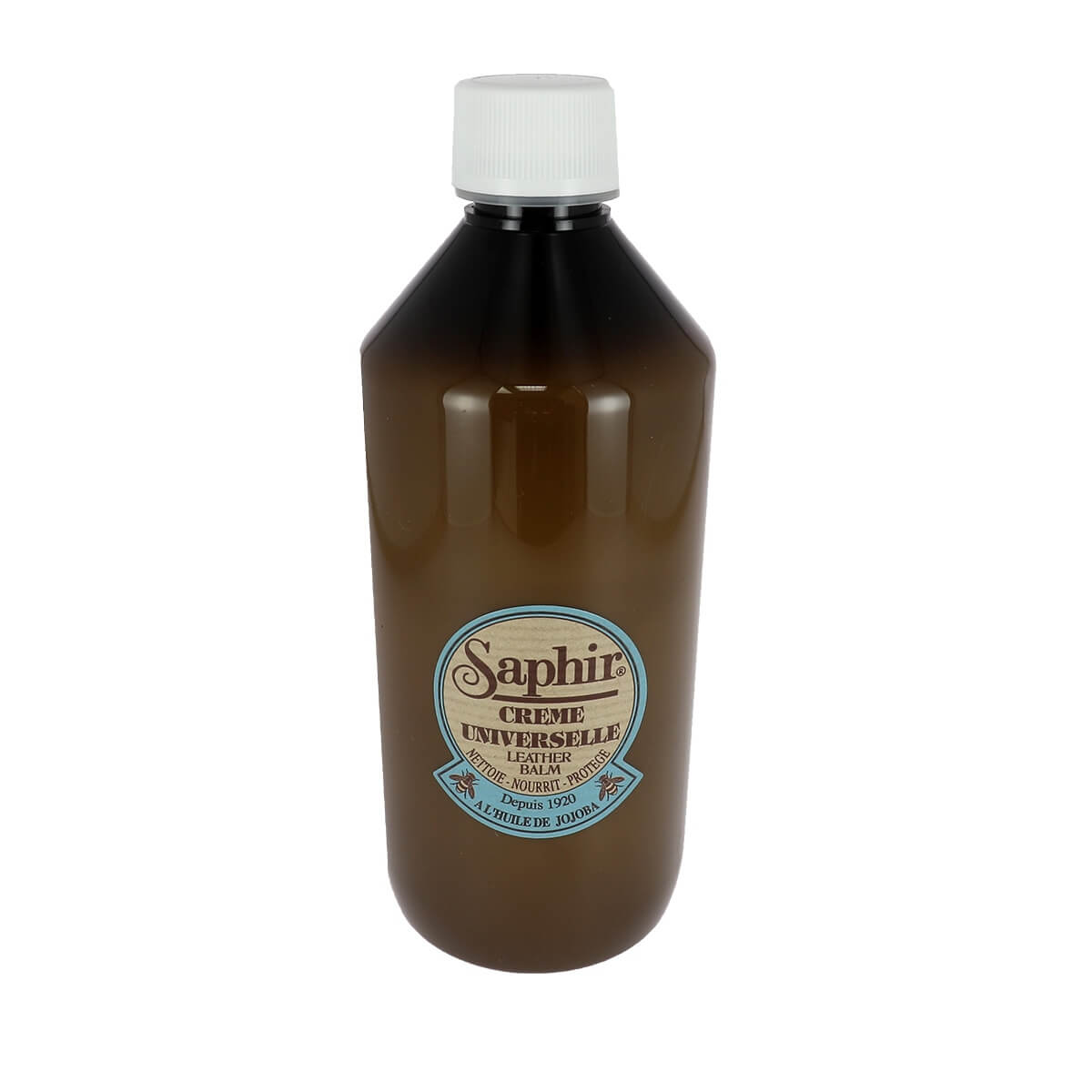 Crème universelle Saphir pour l'entretien du cuir, INCOLORE, flacon de 500 ml, soin naturel pour tous types de cuir.
