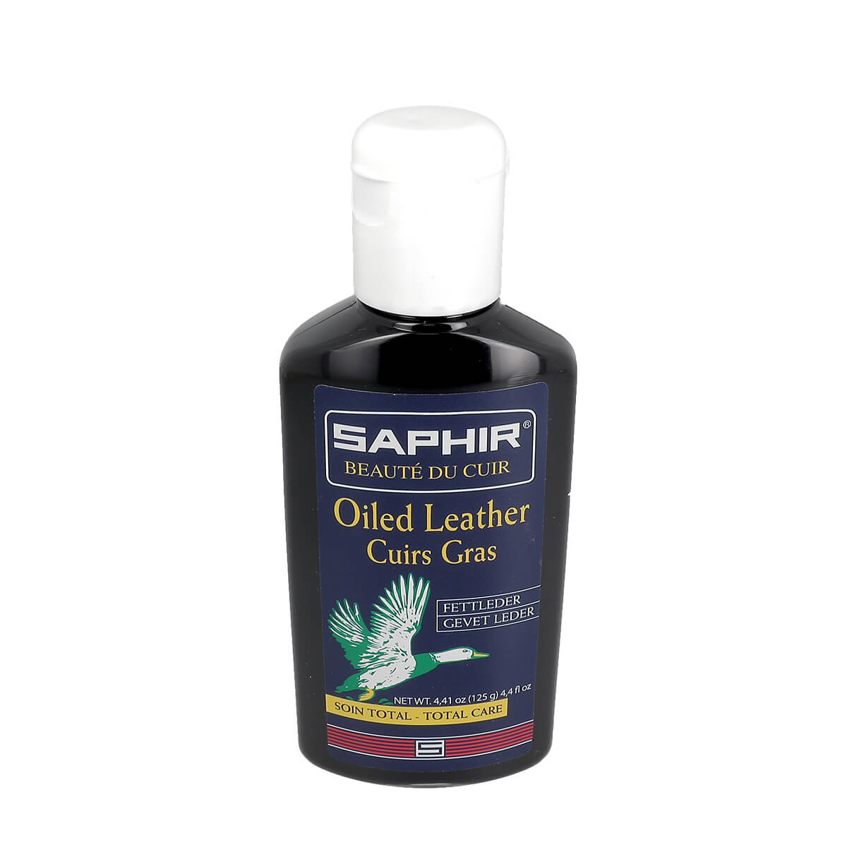 Crème protectrice pour cuirs gras Saphir, 125ml, entretien du cuir, flacon noir avec étiquette.