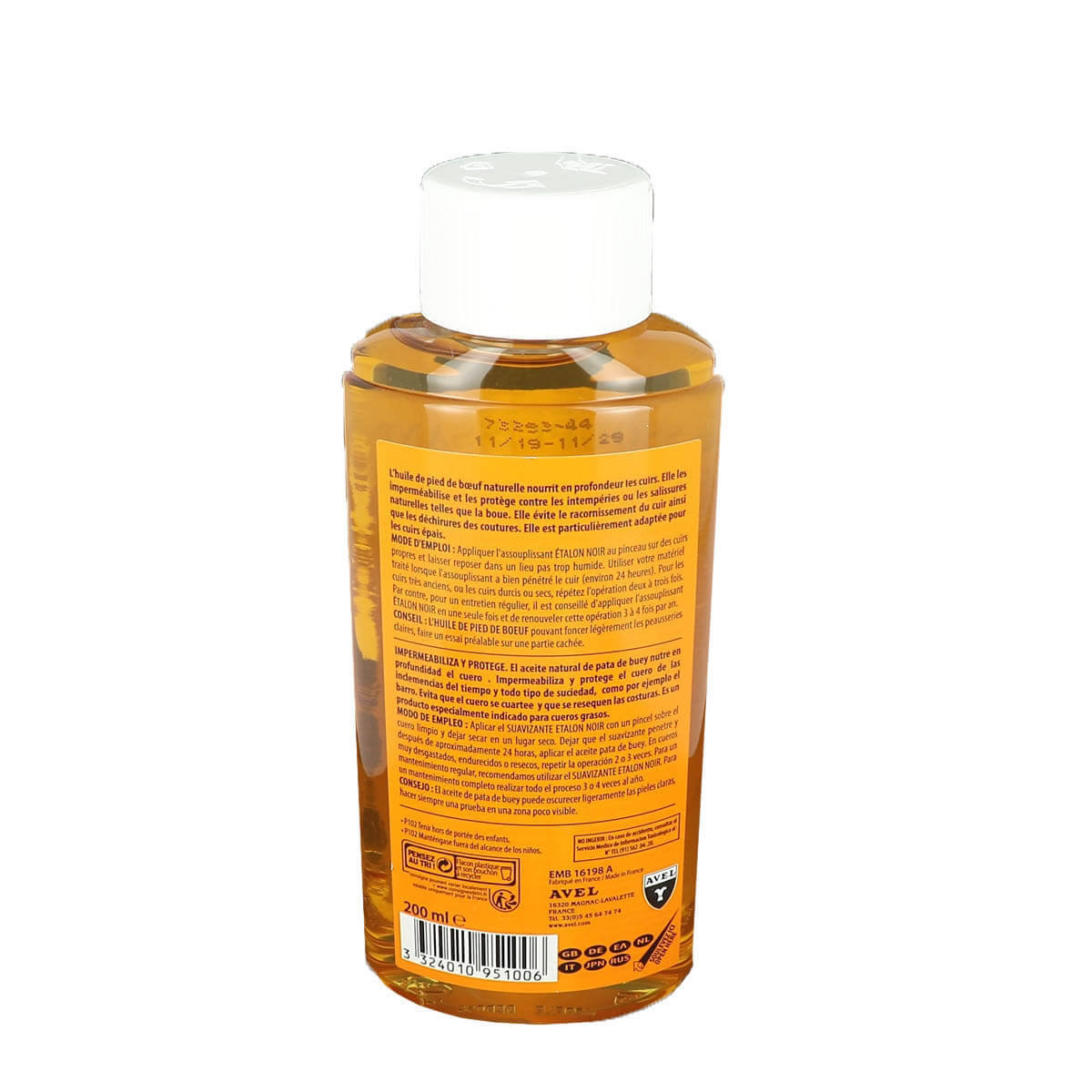 Assouplissant pour cuir Saphir à l'huile de pied de bœuf, bouteille de 200ml pour l'entretien du cuir.